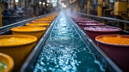 Poster - Automated systems in a petrochemical refinery showcase vibrant colored solutions flowing through processing containers. Steam rises along the production line, highlighting the synthesis process.