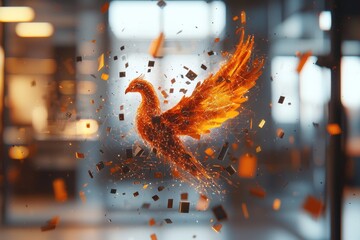 Poster - a vibrant digital phoenix rises from abstract geometric shapes, symbolizing innovation and resilienc