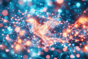 Poster - an ethereal phoenix constructed from interconnected glowing nodes, against a background of bokeh lig