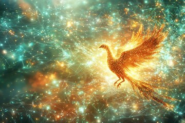 Poster - abstract digital illustration of a fiery phoenix rising from a network of glowing points, symbolizin