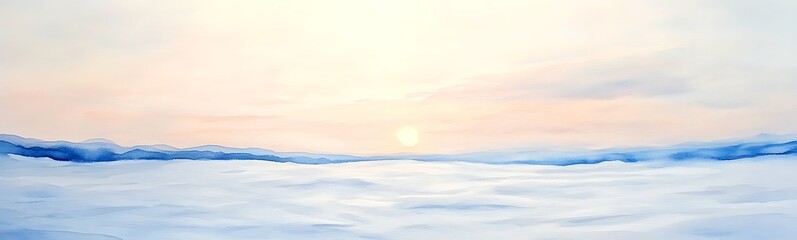 Aufkleber - Serene winter landscape with soft colors and a rising sun over a snowy horizon.