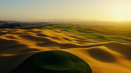 Poster - Aerial landscape abstract background idea. Stunning desert landscape with golden dunes and green hills under a warm sunset sky.