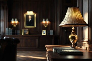Aufkleber - A lamp sits on top of a wooden table