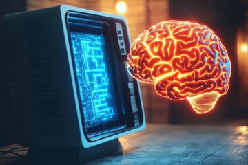 Poster - Old computer displaying glowing blue circuit board pattern beside a luminous human brain, symbolizing the connection between artificial and human intelligence.