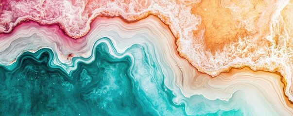 Poster - Aerial landscape abstract background idea. Vibrant abstract watercolors blending tones of blue, orange, and pink in a natural formation.