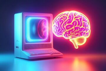 Poster - retro computer with neon glow alongside human brain, symbolizing artificial intelligence and the fut