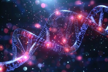 Poster - abstract dna double helix structure with glowing particles, representing the complexity of genetic c