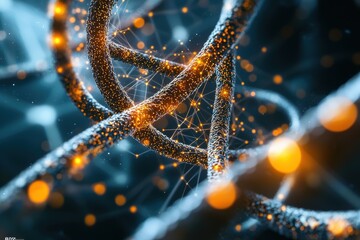 Poster - close-up of abstract dna double helix with glowing orange points, illustrating genetics, biology, an