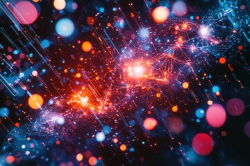 Poster - abstract futuristic technology background with glowing lines and particles, creating a network of in