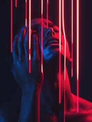 Poster - A person wearing LED face lights in red and blue, possibly for a party or event