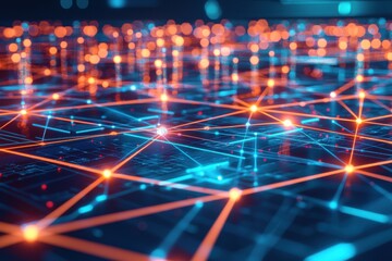 Poster - futuristic technology background showcasing a complex network of interconnected glowing nodes, repre