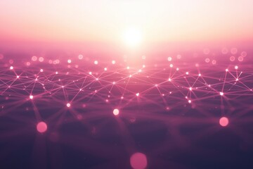 Poster - Pink abstract network of interconnected glowing nodes on pink sunset background representing global communication and futuristic digital connectivity concept.