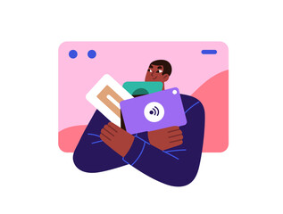 Fototapete - Web designer creates app interface concept. Creative worker holds elements of UX UI design for redesign project, development website prototypes. Flat isolated vector illustration on white background