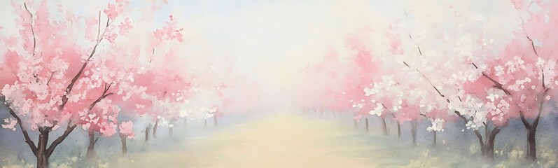 Poster - Soft, dreamy landscape featuring pink cherry blossoms lining a serene pathway.