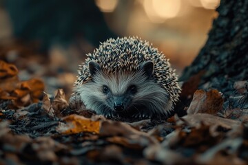 Aufkleber - A small hedge sits atop a pile of leaves, a natural scene