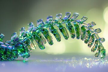 Poster - A beautifully detailed macro shot of a translucent green and blue glass fern, showcasing intricate design and iridescent reflections against a soft, blurred background.