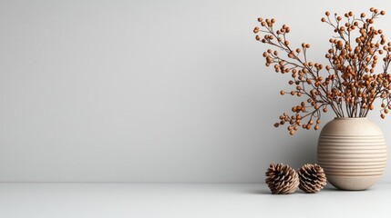 Aufkleber - Geometric pattern design abstract background idea. Stylish vase with dried branches and pinecones on a modern surface.