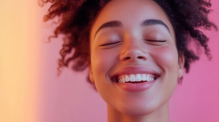 Poster - Bright pastel background showcases a joyful person smiling after dental implants with soft bokeh lighting and natural beauty