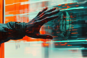 Poster - futuristic technology interface with a robotic hand touching a digital palm print, vibrant orange an