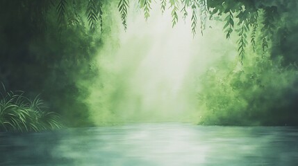 Aufkleber - Lush greenery surrounds a tranquil, misty river under soft light.