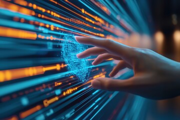 Poster - Human hand interacting with a digital interface, featuring glowing blue circuits and orange light streaks, symbolizing technology, connectivity, and future innovation.
