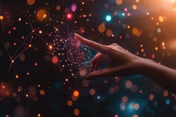 Poster - a hand touching a digital screen interface with colorful bokeh lights and network connections, symbo