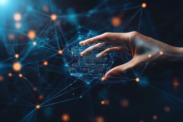 Poster - a hand interacting with a digital network, creating a global connection of information, showing data