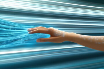 Poster - a woman's hand interacting with flowing digital light streams, symbolizing connectivity and innovati