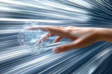 Poster - a hand interacts with a futuristic digital globe amid speed lines, symbolizing technological progres