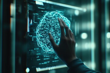 Poster - Person touching a digital screen displaying a glowing brain circuit diagram, symbolizing artificial intelligence and the connection between technology and human thought.
