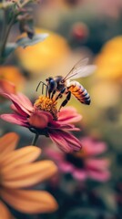 Poster - A single bee sitting on the petals of a bright pink flower