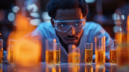 Poster - A scientist in safety goggles intently examines multiple test tubes filled with orange liquids during a chemical synthesis process in a high-tech laboratory.