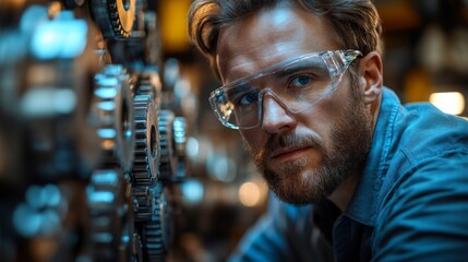 Fototapete - A skilled engineer in protective eyewear closely examines machinery equipped with intricate gears.