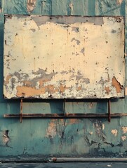 Aufkleber - An old sign hangs on a worn wall, with peeling paint and rusty hinges