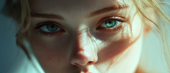 Aufkleber - A close-up shot of a woman's face with bright blue eyes