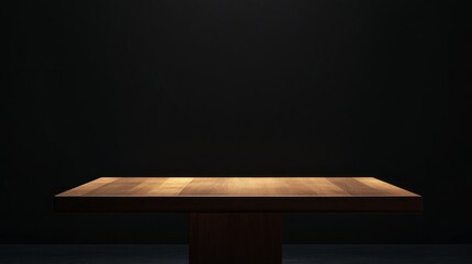Poster - A beautifully crafted wooden table sits in the center, bathed in a warm light that highlights its texture, set against a deep, dark background. Perfect for intimate dinners