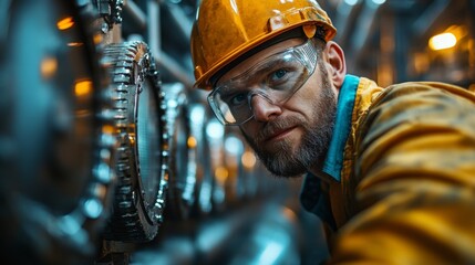 Poster - Technician in safety gear inspects complex machinery in a modern petrochemical refinery, focusing on automation processes during operation hours to ensure efficiency.