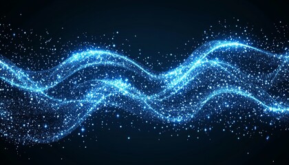 Poster - Abstract Flowing Swirl Particles, Blue Shining Glittering Lines, Wave Energy Effect Background