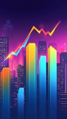 Poster - Neon City Skyline with Glowing Financial Graph Chart Showing Business, Growth, and Success