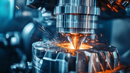 Poster - red hot steel sparks as industrial milling machine cuts, industrial power and precision