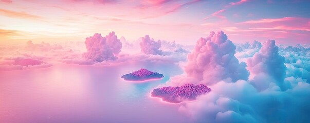 Aufkleber - Aerial landscape abstract background idea. Stunning aerial view of vibrant islands surrounded by colorful clouds at sunset.