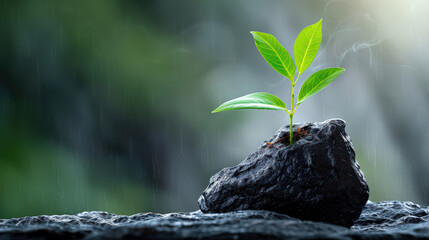 Poster - small delicate green plant sprouting from rough black rock in rainy environment, symbolizing resilience and growth