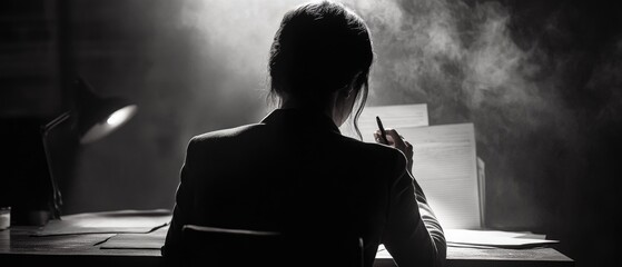 Poster - A woman sits at her desk, writing on a piece of paper