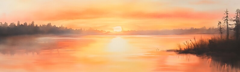 Aufkleber - Serene sunset over a calm lake with silhouettes of trees in the background.