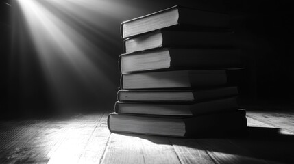 Poster - A pile of books resting on a wooden floor, ideal for depicting a study or library scene