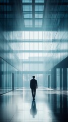 Poster - A solitary figure walks through a sleek, glass-enclosed corridor, illuminated by soft light filtering in from above. The tranquil atmosphere evokes reflection and introspection