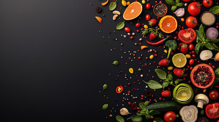 Poster - vibrant assortment of fresh fruits and vegetables, including oranges, tomatoes, and greens, is artfully arranged on dark background, showcasing colorful and healthy selection