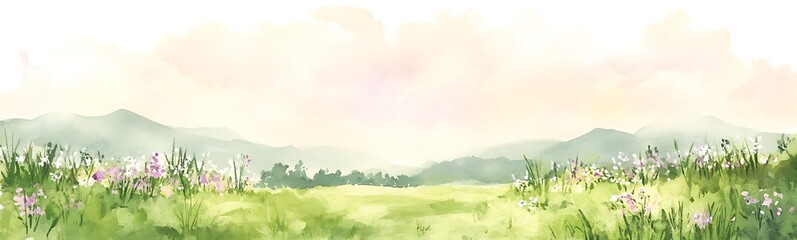 Poster - Serene watercolor landscape featuring rolling hills and wildflowers under a soft sky.