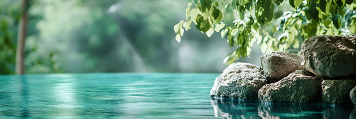 Wall Mural - a serene pool in a luxury spa resort - surrounded by lush greenery wide banner