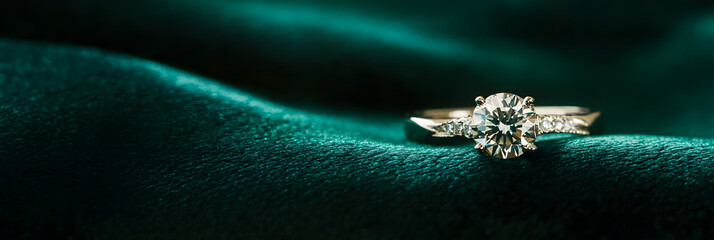 Wall Mural - close-up shot of a diamond ring sparkling brilliantly against a plush wide banner, green background